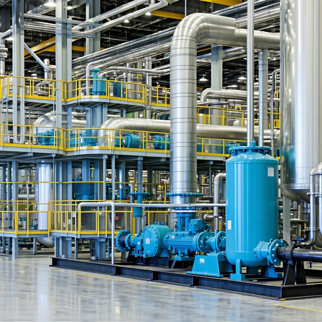 Industrial plant with visible piping and insulated process pumps circulating fluids-1