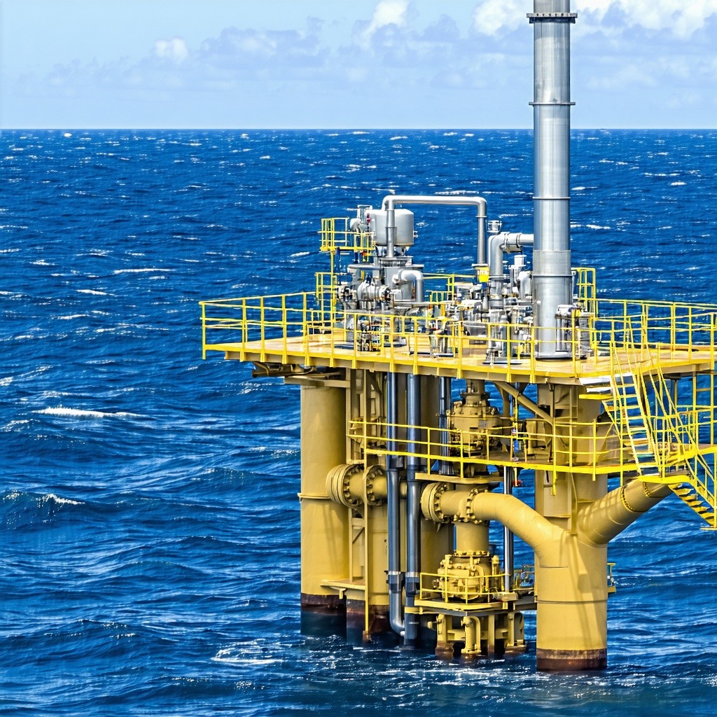 Industrial seawater lift pumps operating on an offshore structure with pipes submerged and ocean in the background-2