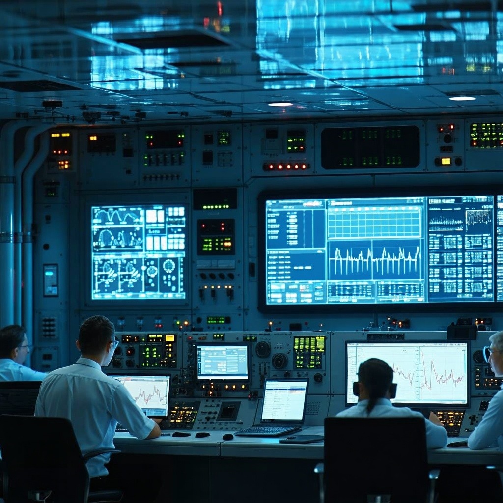 Interior of an offshore control room glowing screens and power system indicators crew monitoring performance-1