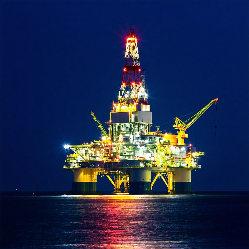 Nighttime view of an offshore platform with emergency lights glowing highlighting isolated and remote conditions