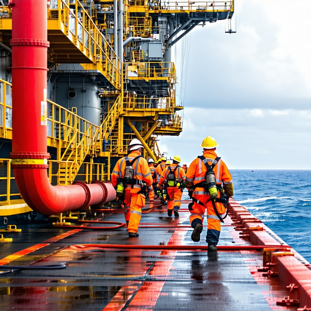 Offshore platform during a safety drill red piping and fire zones marked clearly crew in gear responding with hoses close view-Mar-24-2025-08-07-12-4683-AM